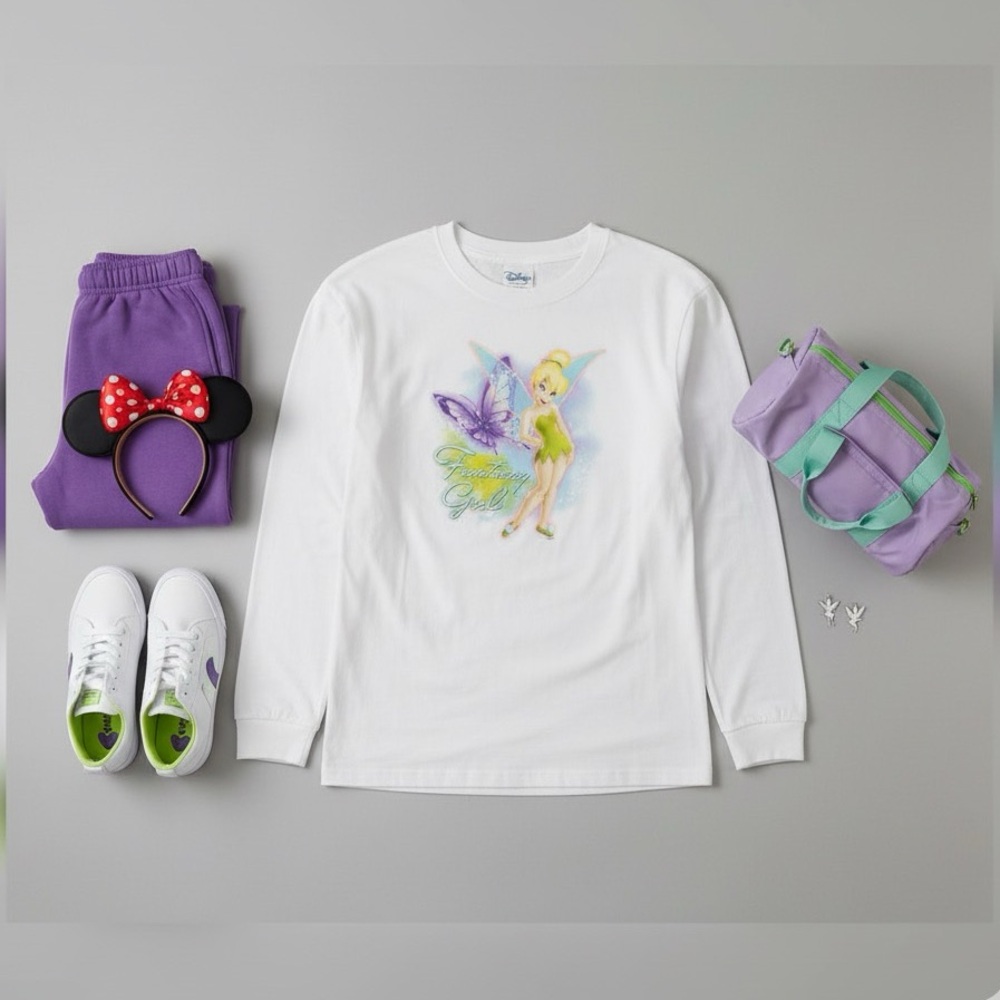 Disney Store Tinker Bell Long Sleeve Vintage Peter Pan White Top Fantasy Girl